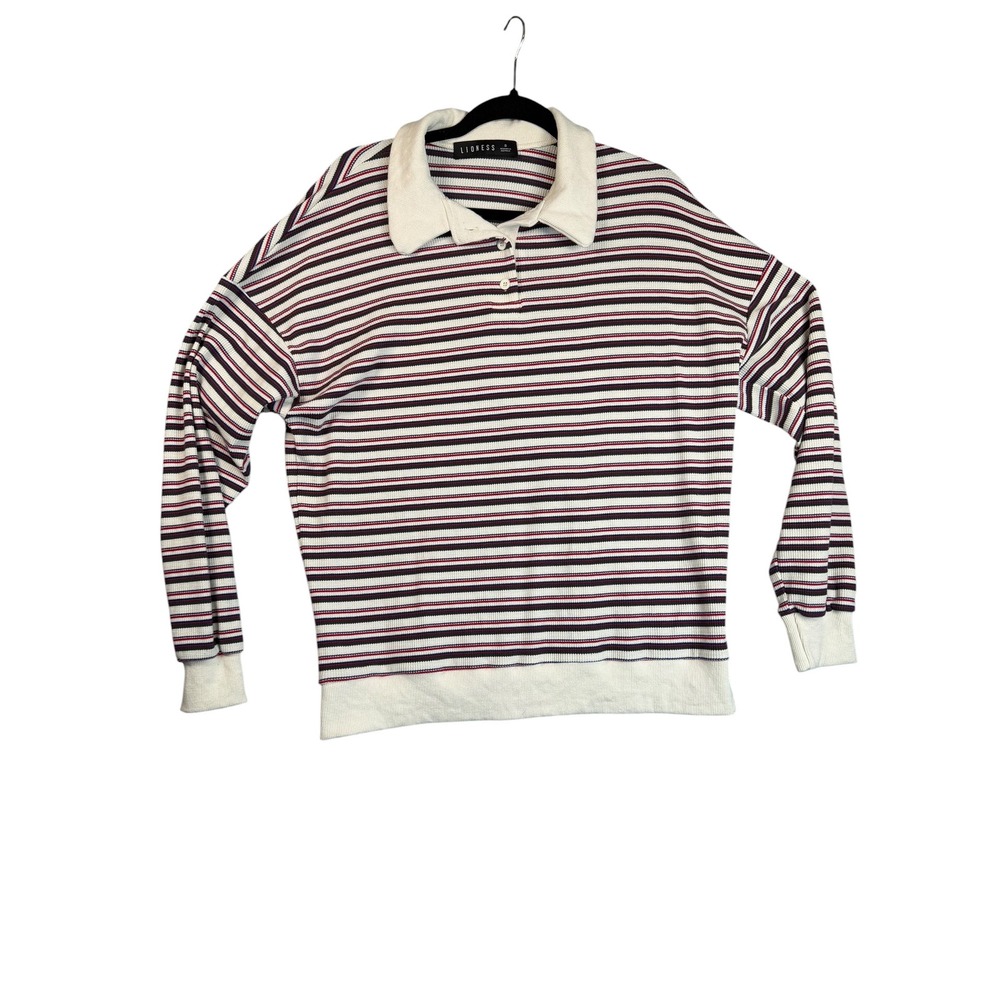 Lioness Womens Striped Long Sleeve Polo Top Red Navy White Ribbed Knit Small